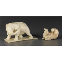 PAIR OF IVORY FIGURES ROOSTER AND ELEPHANT