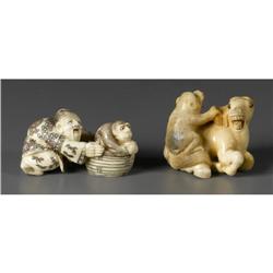 PAIR OF IVORY NETSUKE MAN MONKEY AND HORSE