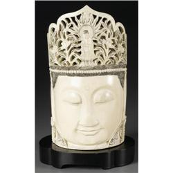 CHINESE CARVED IVORY AND WOOD BUDDHIST HEAD