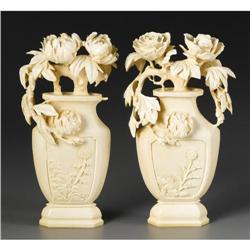 PAIR OF CHINESE CARVED IVORY FLORAL VESSELS