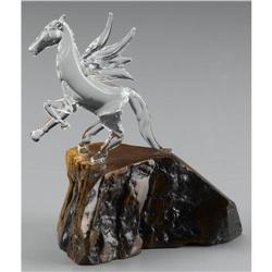GLASS FIGURE OF A REARING WINGED HORSE