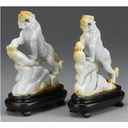 PAIR OF CHINESE CARVED JADE/HARDSTONE LIONS