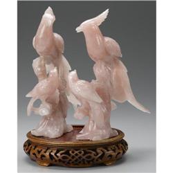 PAIR OF CHINESE CARVED ROSE QUARTZ PHOENIX