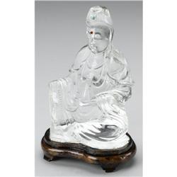 CHINESE CARVED GLASS FIGURE OF A SEATED GUANYIN