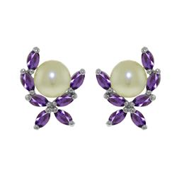 Genuine 3.25 ctw Pearl & Amethyst Earrings 14KT White Gold - REF-30V2W
