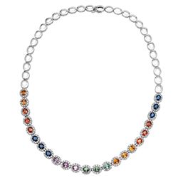 Natural 15.32 CTW Multi-Sapphire & Diamond Necklace 14K White Gold - REF-523H8W