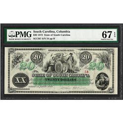 1872 $20 State of South Carolina Revenue Bond Obsolete Note PMG Superb Gem Unc. 67EPQ