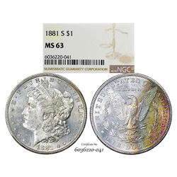 1881-S $1 Morgan Silver Dollar Coin NGC MS63 Amazing Toning