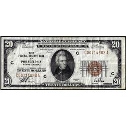 1929 $20 Federal Reserve Bank Note Philadelphia