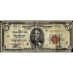 1929 $5 Federal Reserve Bank Note Philadelphia