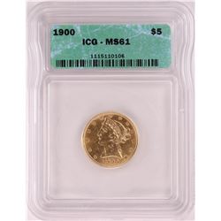 1900 $5 Liberty Head Half Eagle Gold Coin ICG MS61