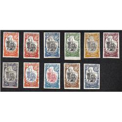 SOMALI COAST 1902-3 IMPER SET VF-NG --SOMALI WARRIORS TALL TYPE GROUP OF 11 IMPERF COLOR TRIAL