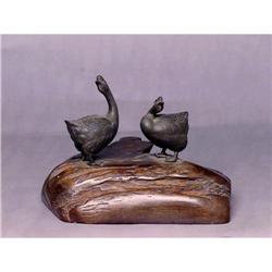 Old Japanese Bronze Goose Bird Wood Stand #1475439