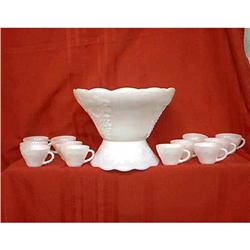 Pedestal Milk Glass Punch Bowl and 12 Cups #1475809