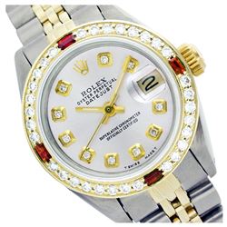 Rolex Ladies Two Tone 14K Gold/SS, Diam Dial & Diam/Ruby Bezel, Sapphire Crystal - REF-434M3F