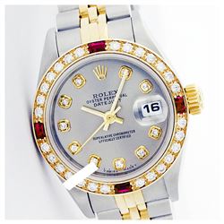 Rolex Ladies Two Tone 14K Gold/ss, Diam Dial & Diam/Ruby Bezel, Sapphire Crystal - REF-434F3M