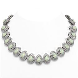 100.62 ctw Certified Opal & Diamond Victorian Necklace 14K White Gold - REF-3303M3G