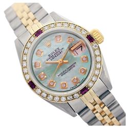Rolex Ladies Two Tone 14K Gold/SS, Diam Dial & Diam/Ruby Bezel, Sapphire Crystal - REF-440N7A