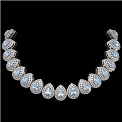 92.83 ctw Aquamarine & Diamond Victorian Necklace 14K White Gold - REF-3851N5F