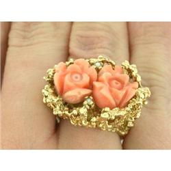 Vintage Coral & Seed Pearl 14k Y Gold Ring  #1472863