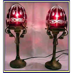 PAIR LAMPS BOHEMIAN RUBY CUT GLASS BY EGERMANN #1473588