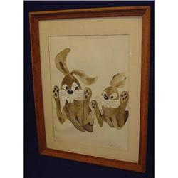 Rascally Rabbits Watercolor Gouache Painting  #1483716