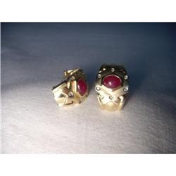 Estate 14K YG Cabochon Ruby Diamond Earrings #1496573