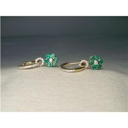 14K YG Gold Diamond Emerald Floral Earrings #1496586