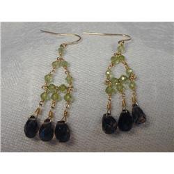 14K YG Gold Smokey Quartz Peridot Drop Earrings#1496603