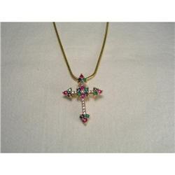 Estate 14K Diamond Ruby Sapphire Cross Pendant #1496612