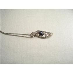 Estate 14K WG Diamond Black Pearl Leaf Pendant #1496613