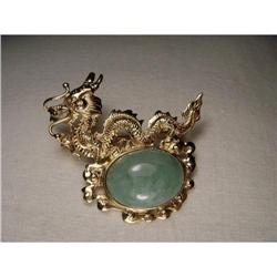 Estate 14K Gold Jade Chinese Dragon Brooch Pin #1496617