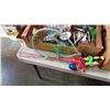Image 2 : TRAY OF DRINK COOLERS, PANS, FISHING POLES AND NET, VINTAGE HAIR TRIMMER AND BIKE PARTS