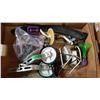 Image 3 : TRAY OF DRINK COOLERS, PANS, FISHING POLES AND NET, VINTAGE HAIR TRIMMER AND BIKE PARTS