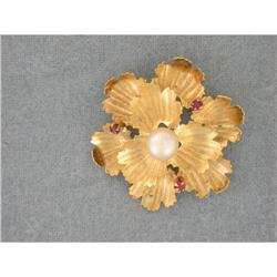 22K Gold, Pearl and Rubies Flower Pin #1471725