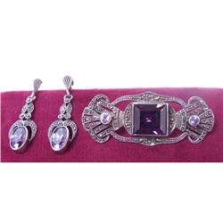 Estate Art Deco Amethyst Silver earrings brooch#1472419