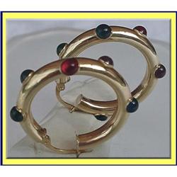 VINTAGE 14K Y GOLD HOOP EARRINGS CABOCHON GEMS #1472580