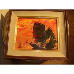 Signed  Antique Oil on Canvas Ship Painting #1472602