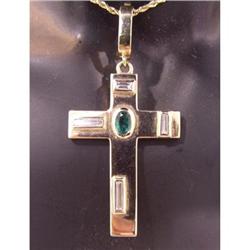 Estate gold diamond emerald cross pendant 14kt #1486360