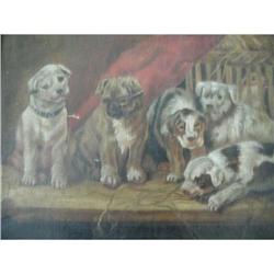 Antique Oil Painting of Puppies At Play #1486374