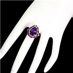 Natural Brazil  Amethyst 14x10mm & Red Ruby Ring