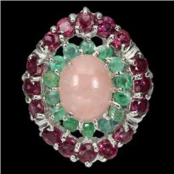 Natural Pink Opal 10x8 MM Emerald, Rhodolite Ring