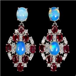 Natural Ethopian White Opal and Red Ruby Earrings