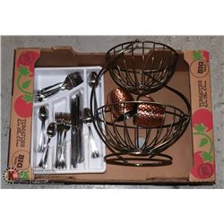 BOX OF SILVERWARE TRAY IRON BASKET