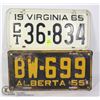 Image 1 : 1955 ALBERTA LICENSE PLATE AND 1965 VIRGINIA