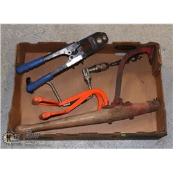 LARGE FLAT OF TOOLS INCLUDING PEX PIPE CRIMPER