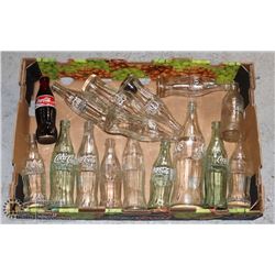 LARGE FLAT OF ASSORTED SIZE COKE BOTTLES