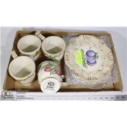 SET OF 4 MUGS AND 4 DESSERT PLATES. STOKES, FRUIT