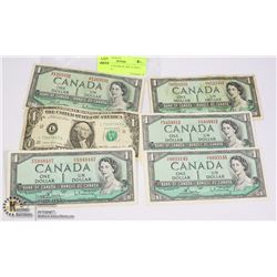 LOT OF 5 CANADA $1 BILLS AND 1 USA $1 BILL