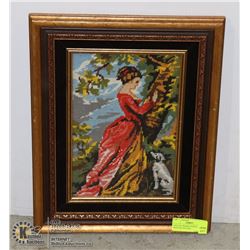 VINTAGE FRAMED NEEDLE POINT PRINCESS AND DOG